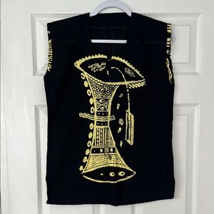 African Print Handmade Sleeveless Black Top with Yellow Graphic Design